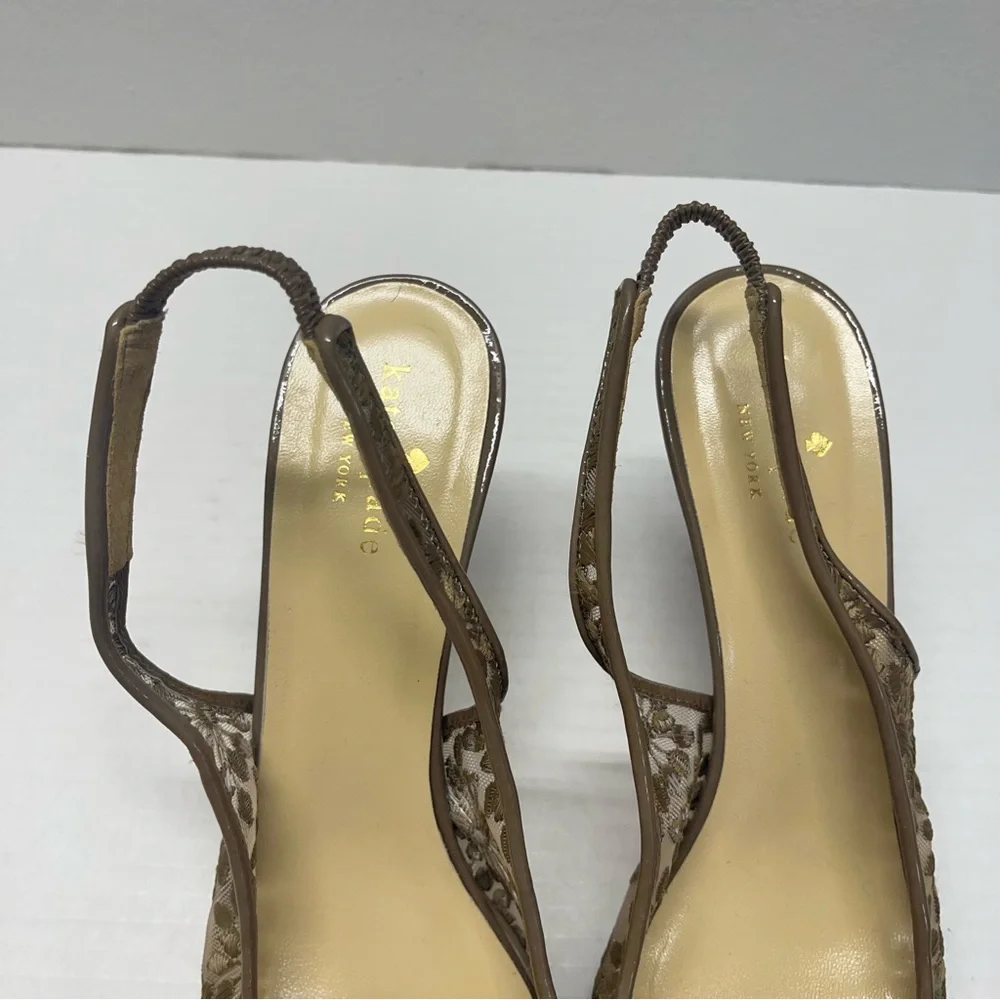 Kate Spade Daisy Mesh Patent Bow Heeled Shoes Open Toe Taupe Sz 7.5